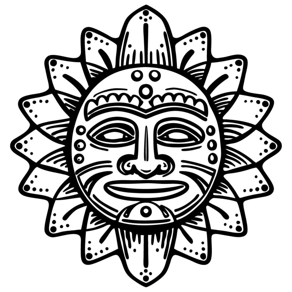 stylized sun face with intricate tribal patterns and geometric details vector