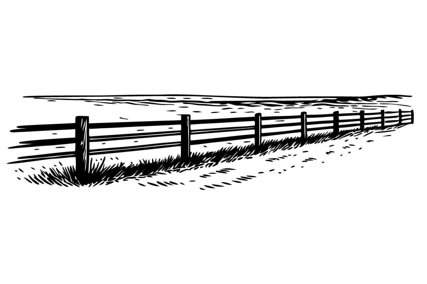 Rural landscape with a wooden fence and grassy pathway leading into the horizon vector