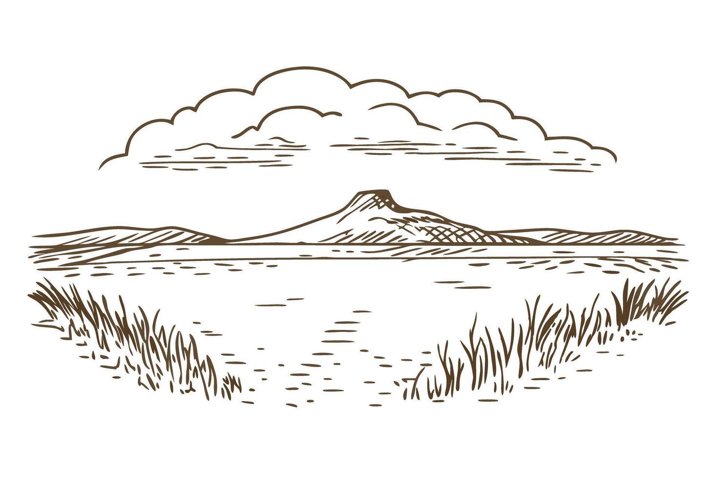 Scenic landscape illustration with mountains and clouds over a calm river scene vector