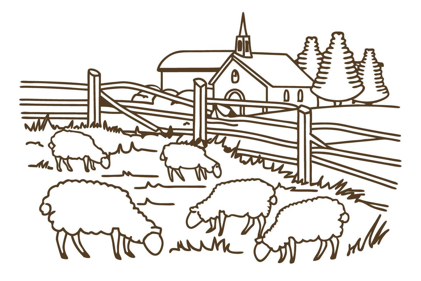 sheep grazing on a farm near a rustic barn with a wooden fence and trees in the background vector