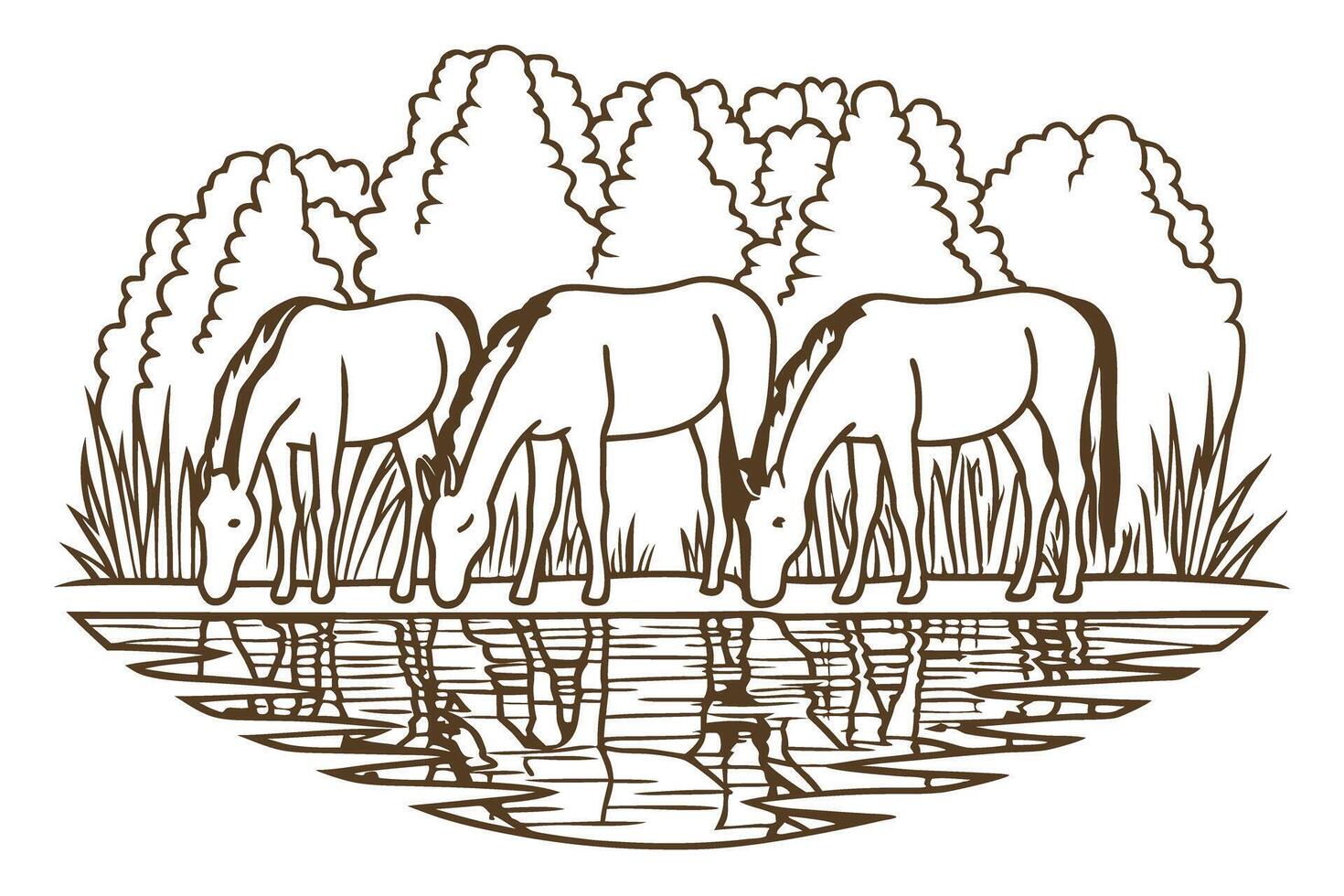 horses grazing by a tranquil riverbank with forest backdrop in line art vector