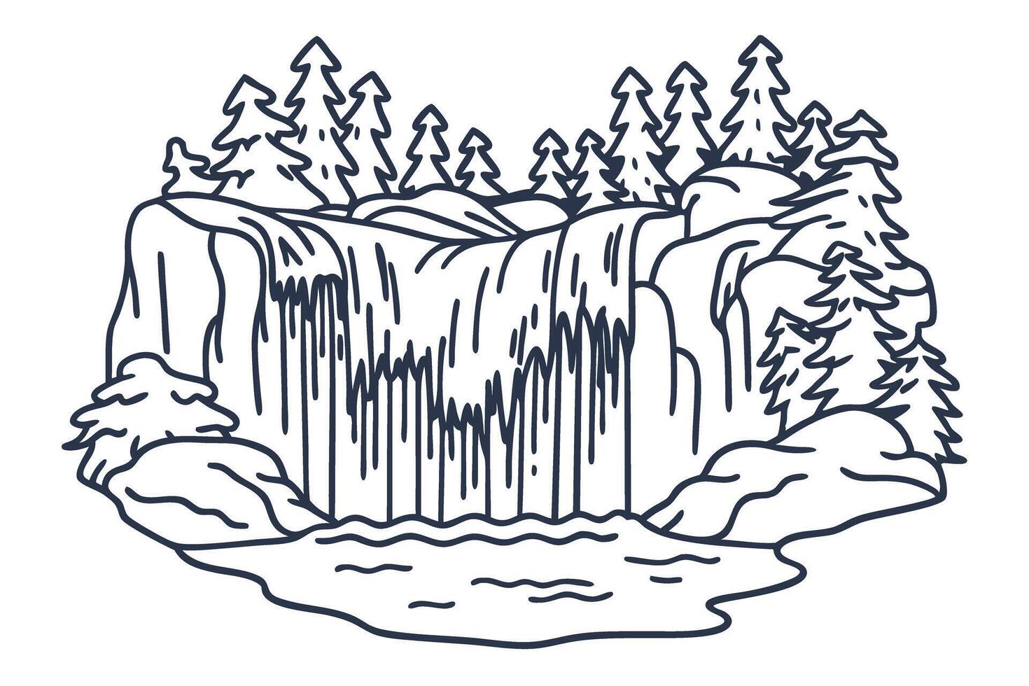 Scenic waterfall scene with trees, rocks, and flowing water nature illustration, forest landscape vector