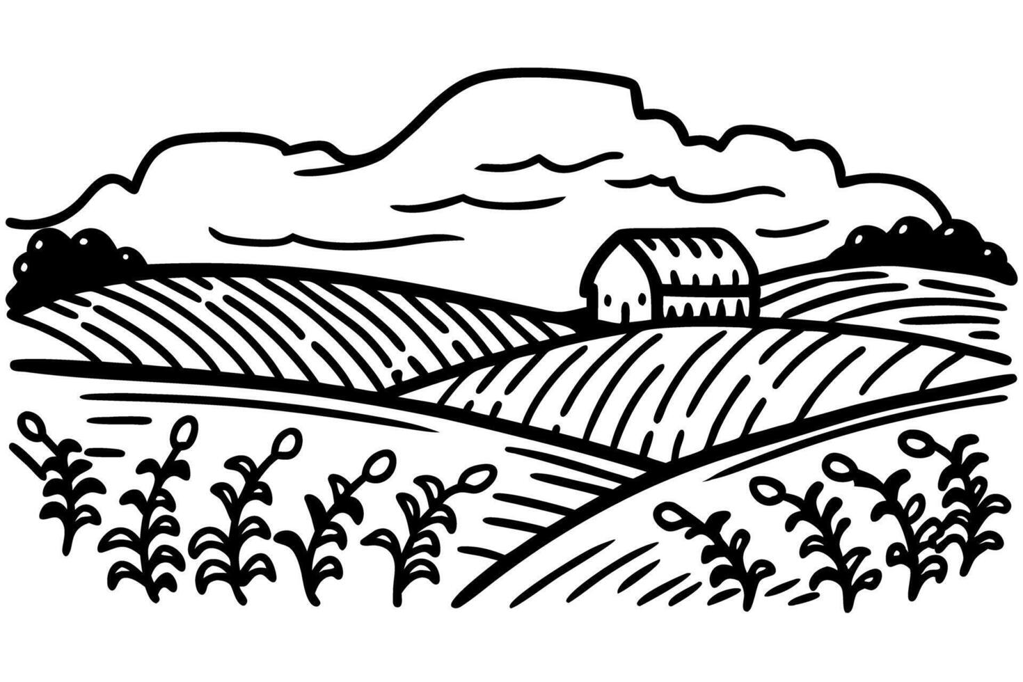 Countryside landscape with barn, rolling fields, clouds agriculture, rural farmland, picturesque scenery vector