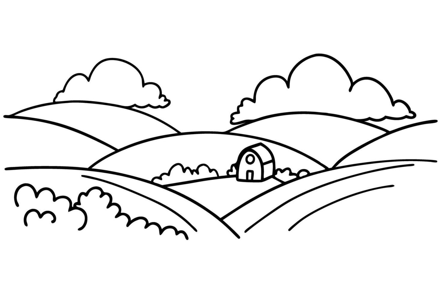 black and white rural landscape with hills and farmhouse line art drawing vector
