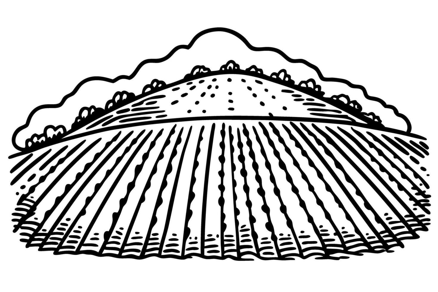 Illustrated farm landscape rolling hills with fields and trees line drawing, agricultural scenery vector