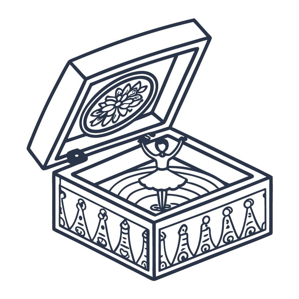 Ballerina music box illustration with intricate design open lid revealing dancer, vintage elegance vector