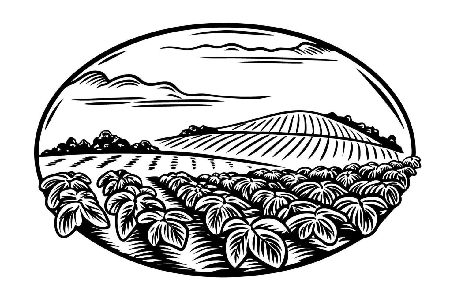 vintage farm illustration landscape with fields, hills and clouds traditional agricultural scene vector