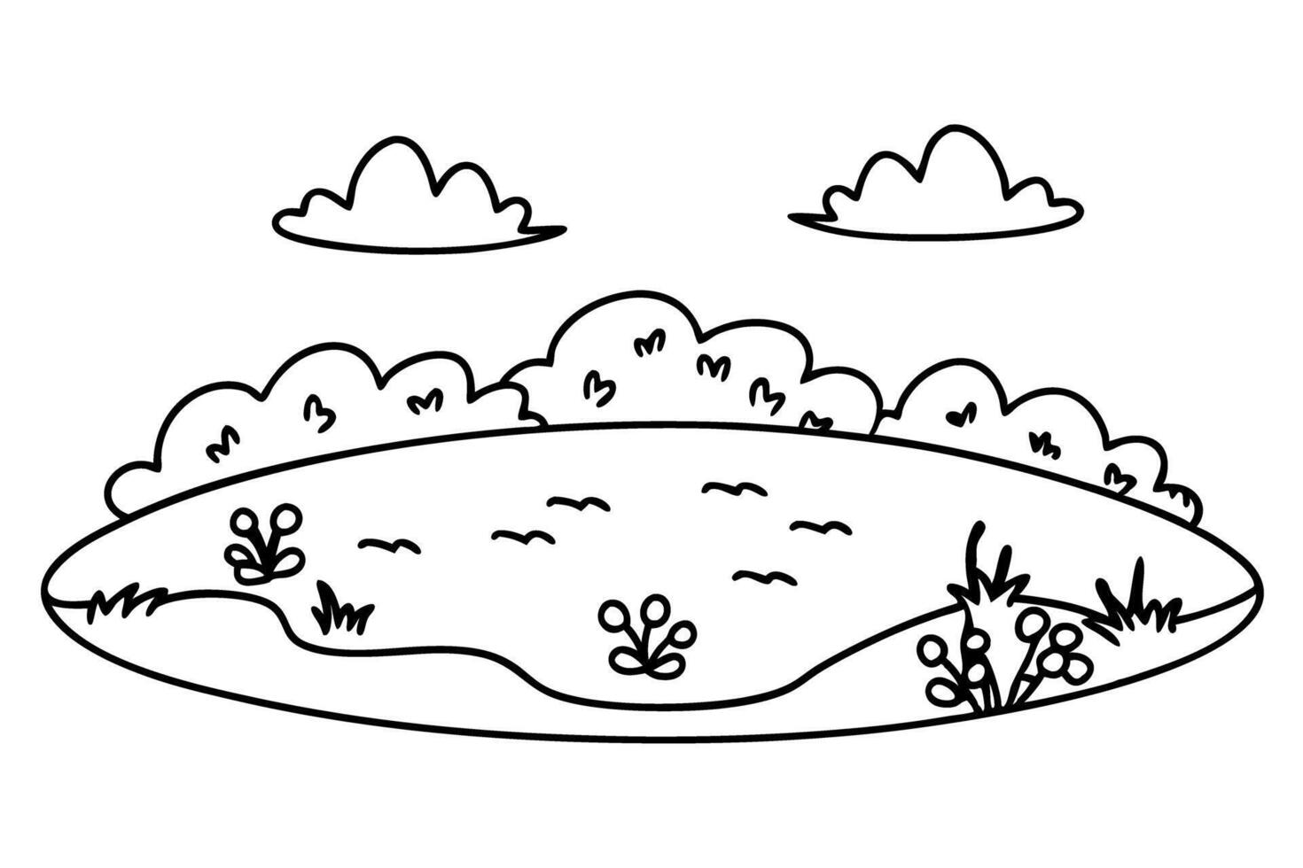 simple landscape illustration with pond, bushes, clouds minimalist nature sketch, outdoor scenery vector