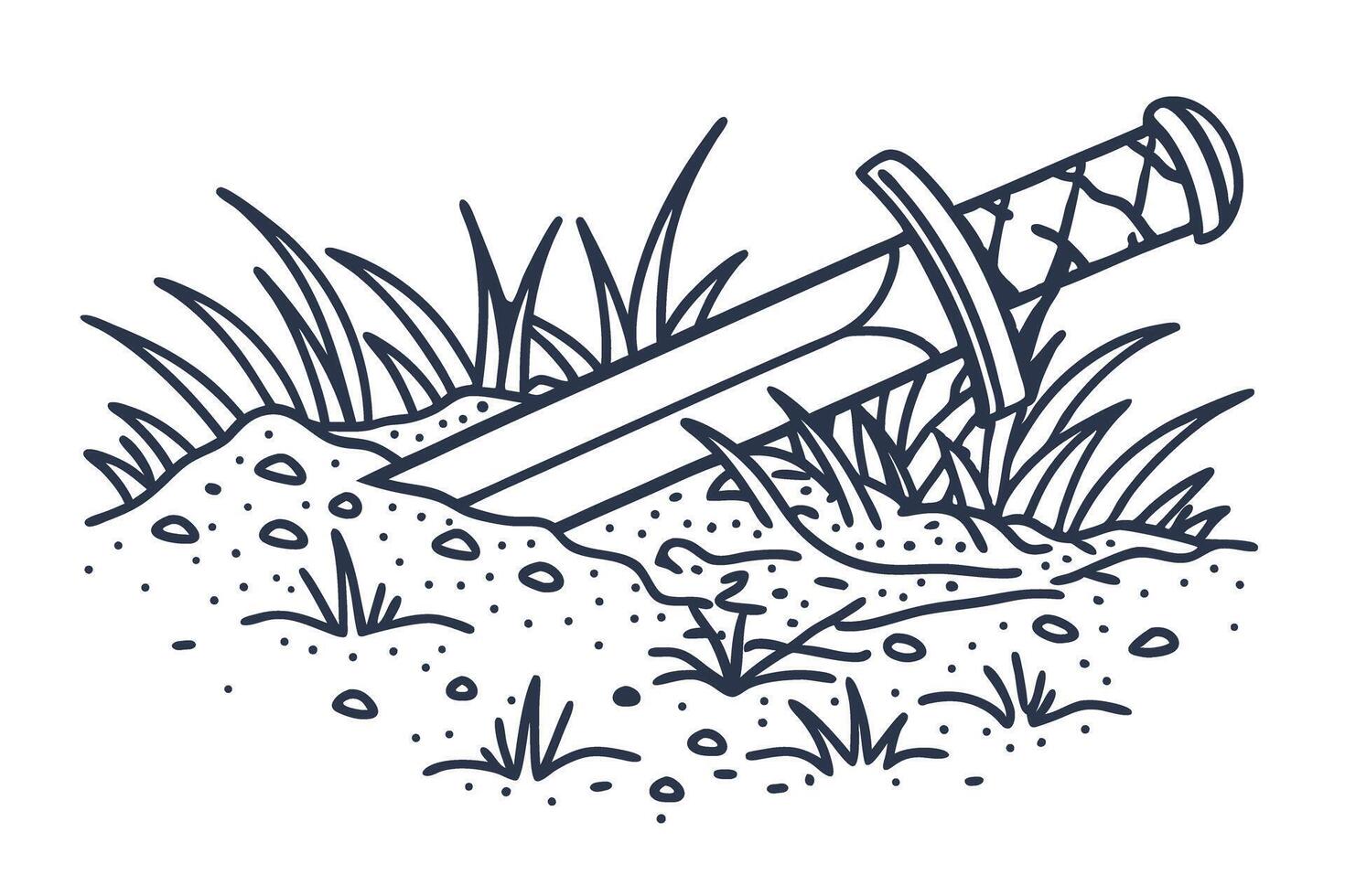 Medieval sword half buried in soil, surrounded by grass and pebbles vector
