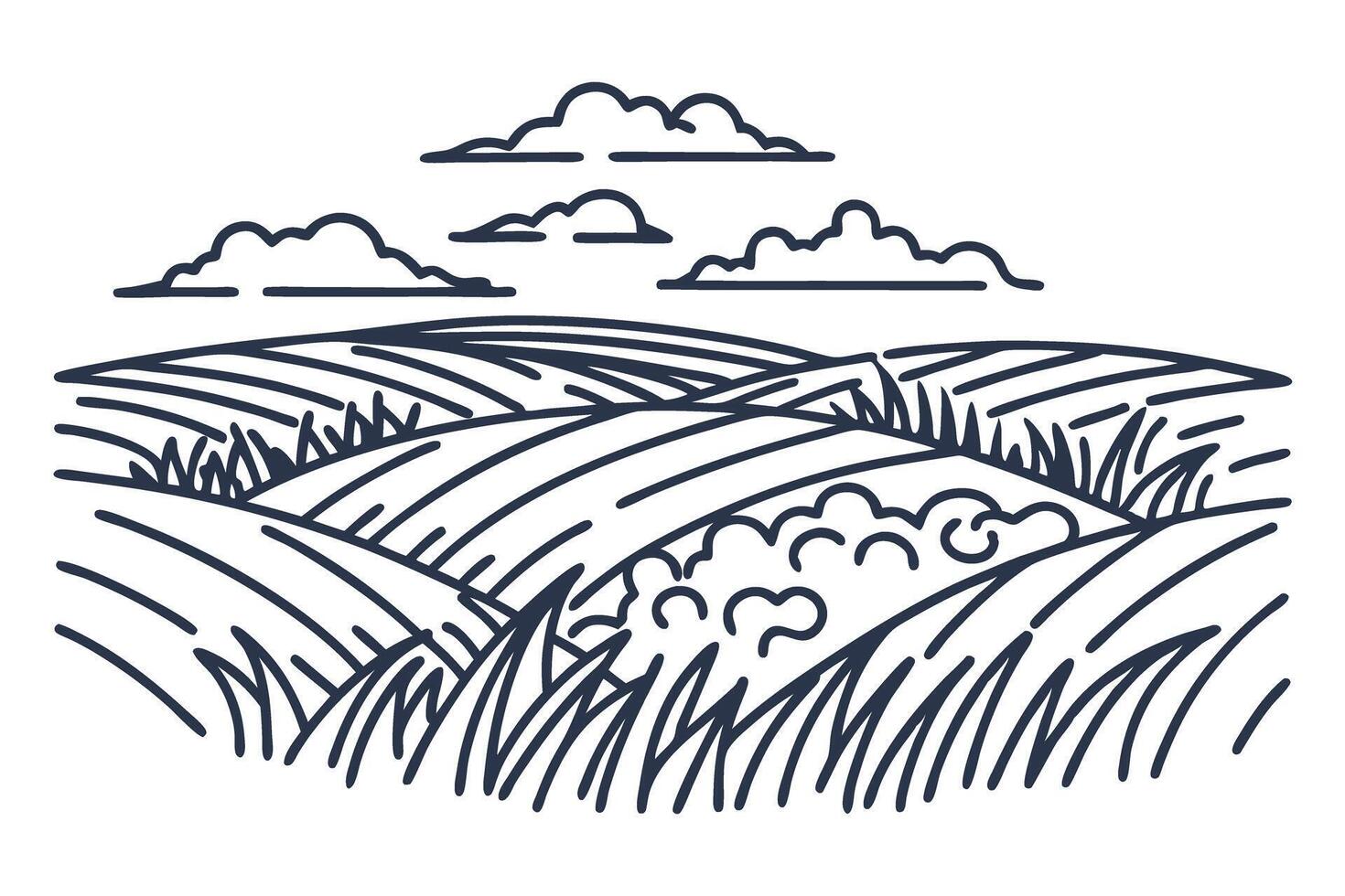 Landscape with rolling hills and clouds, linear illustration stylized rural field and farm concept vector