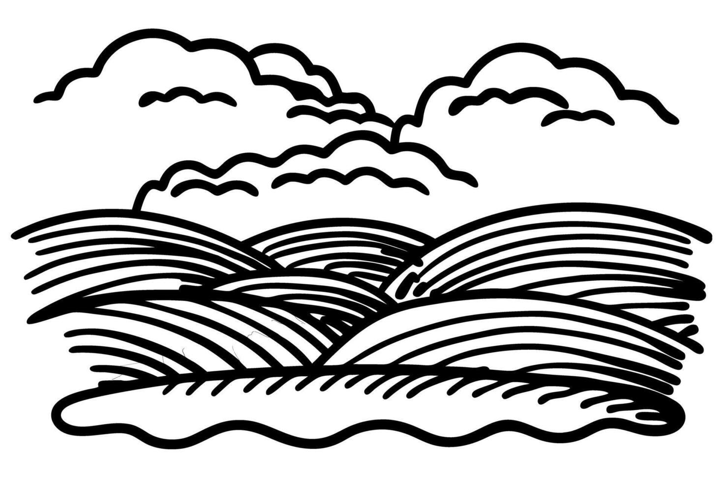 Simple landscape illustration with rolling hills and clouds in monochrome vector