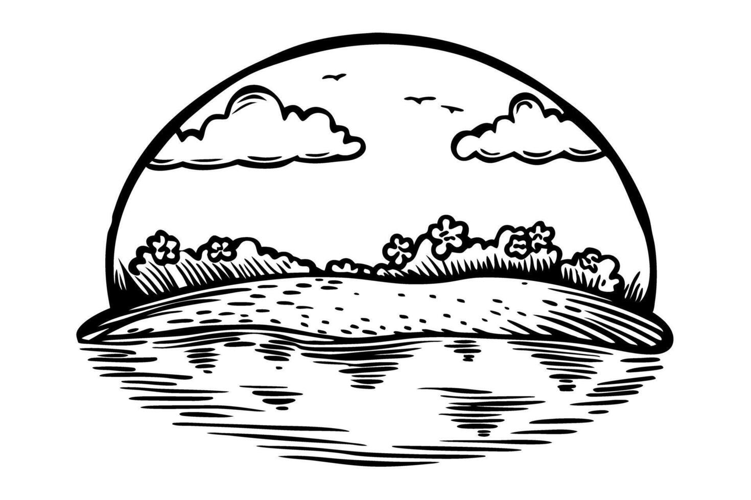 peaceful landscape illustration with clouds, hills, and lake serene nature artwork in black and white vector