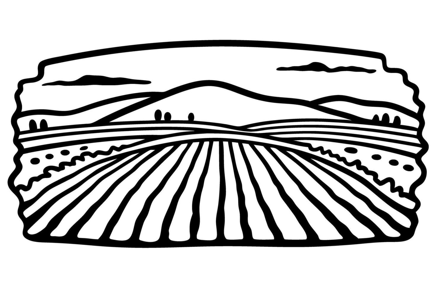 Black and white landscape with farm fields, hills, and clouds in simple graphic vector