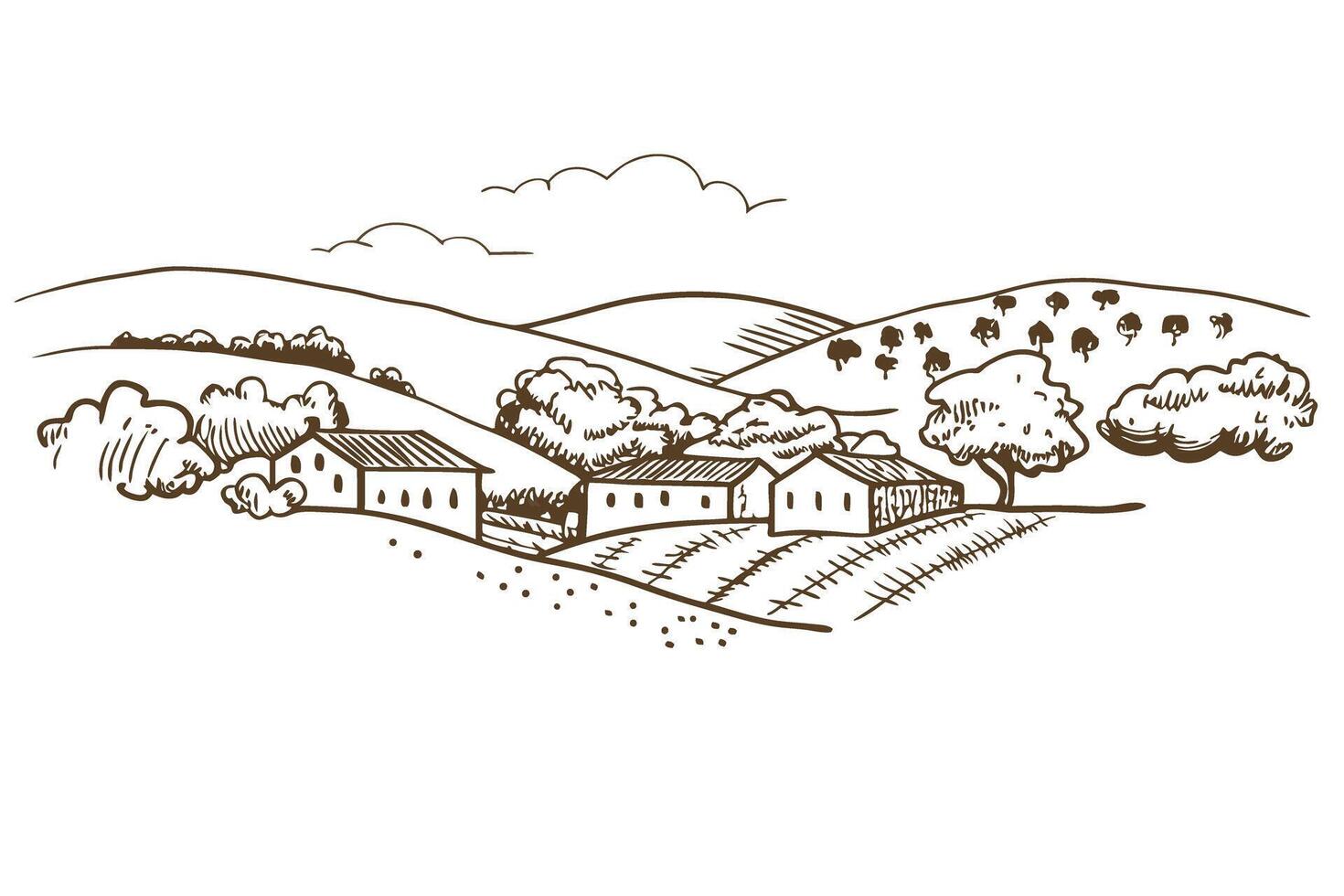 Countryside landscape with farm buildings and rolling hills in rustic sketch art vector
