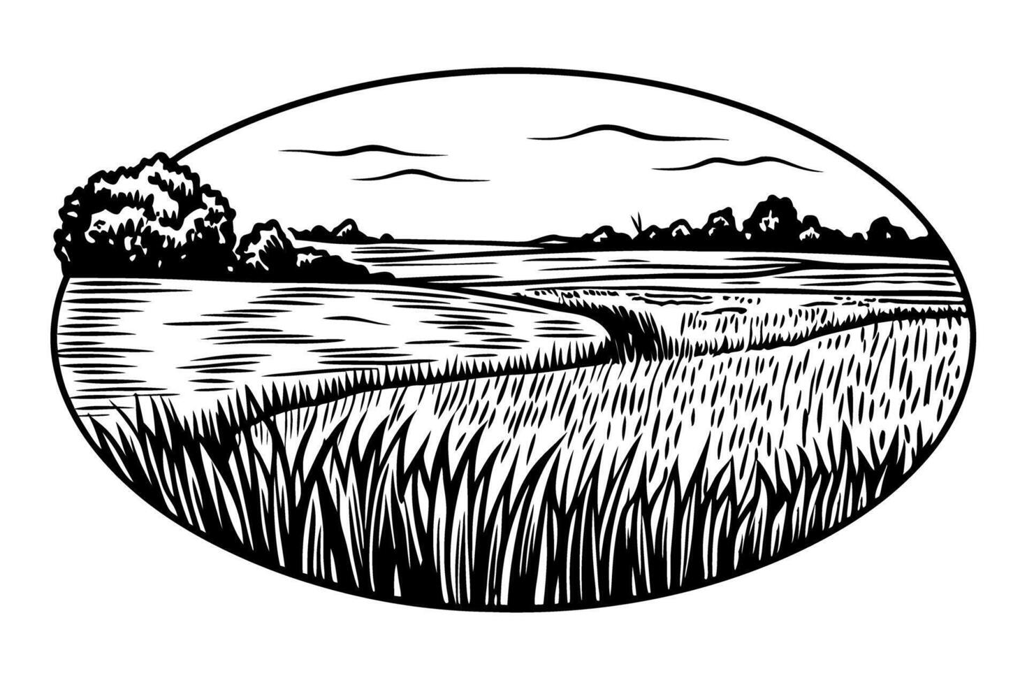 Scenic countryside landscape in black and white illustration vector