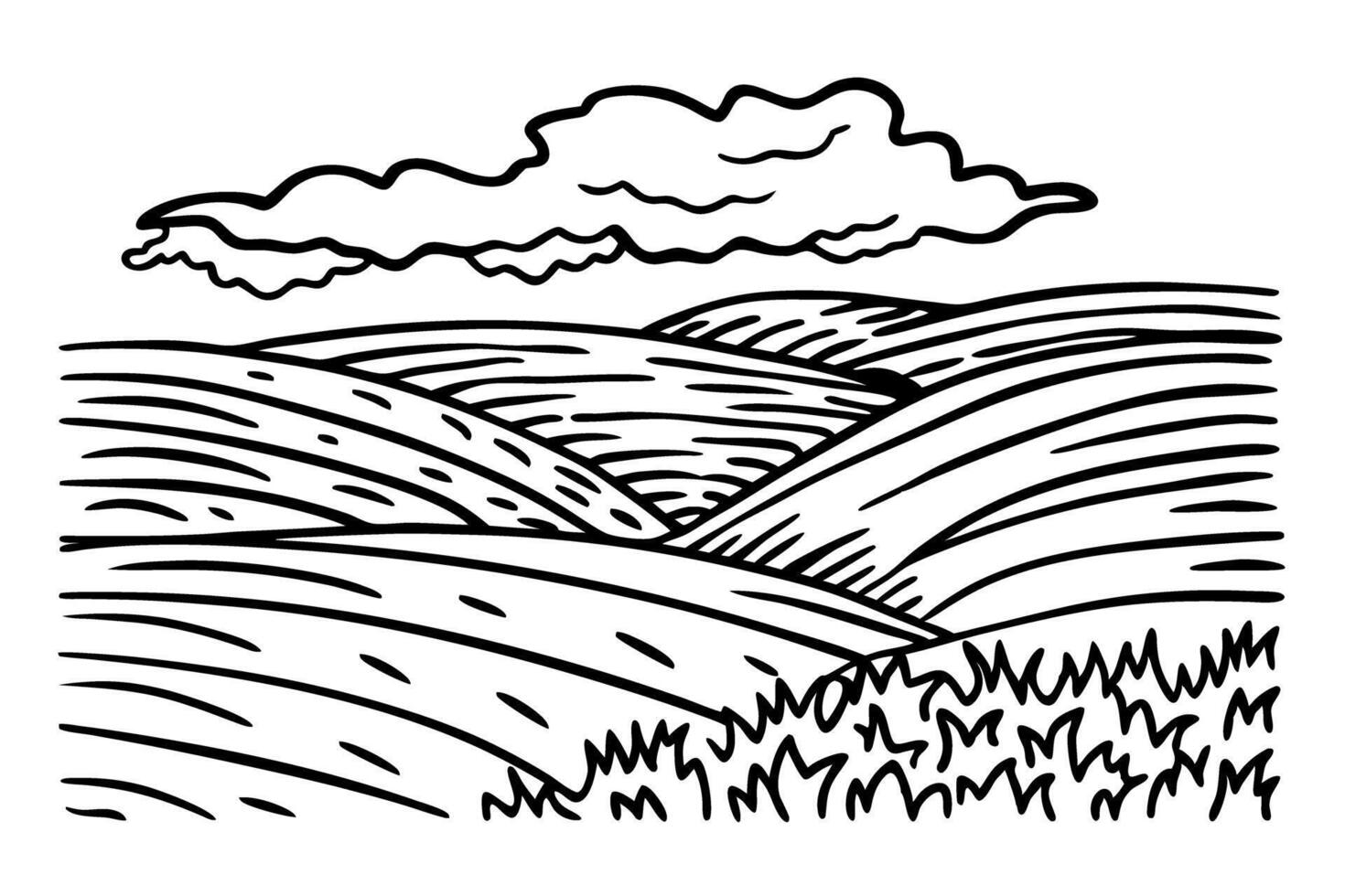 Black and white landscape illustration with rolling hills and cloudy sky vector