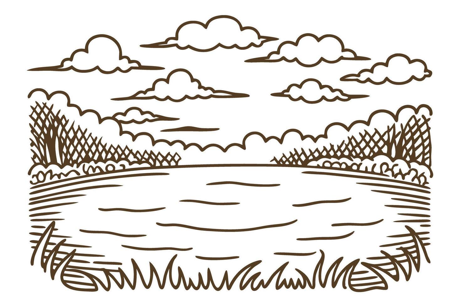 Tranquil lake and lush landscape with clouds, serene nature scene in sketch vector