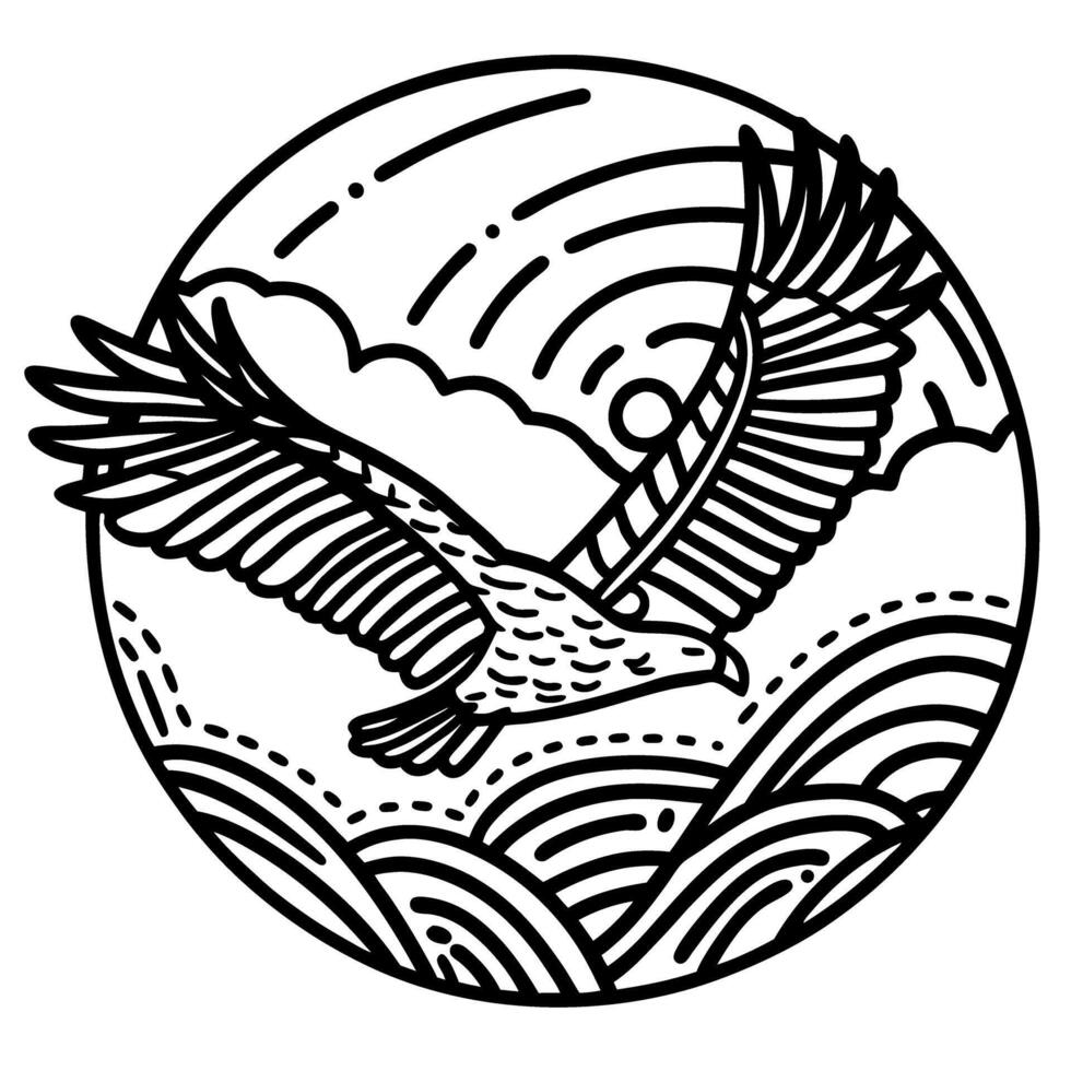 eagle soaring over ocean waves in circular design black and white line art, freedom concept vector