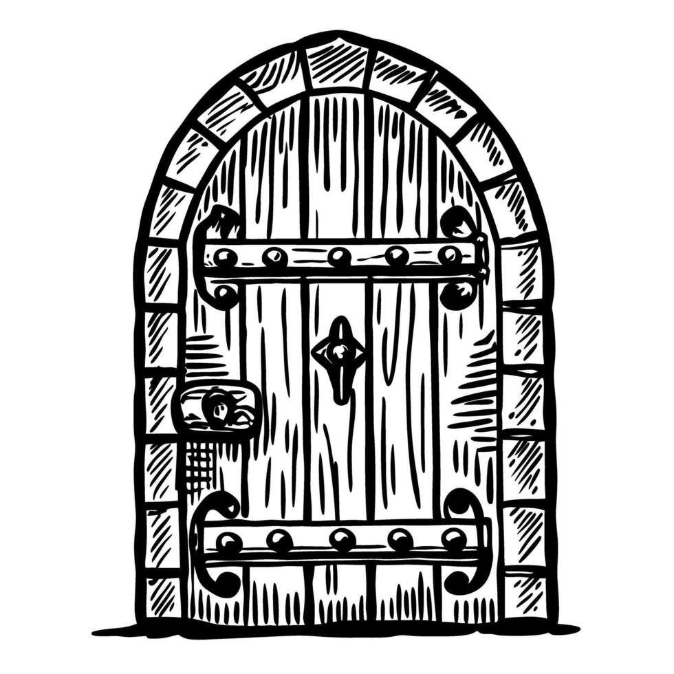 rustic wooden door illustration with arched frame and metal accents vector