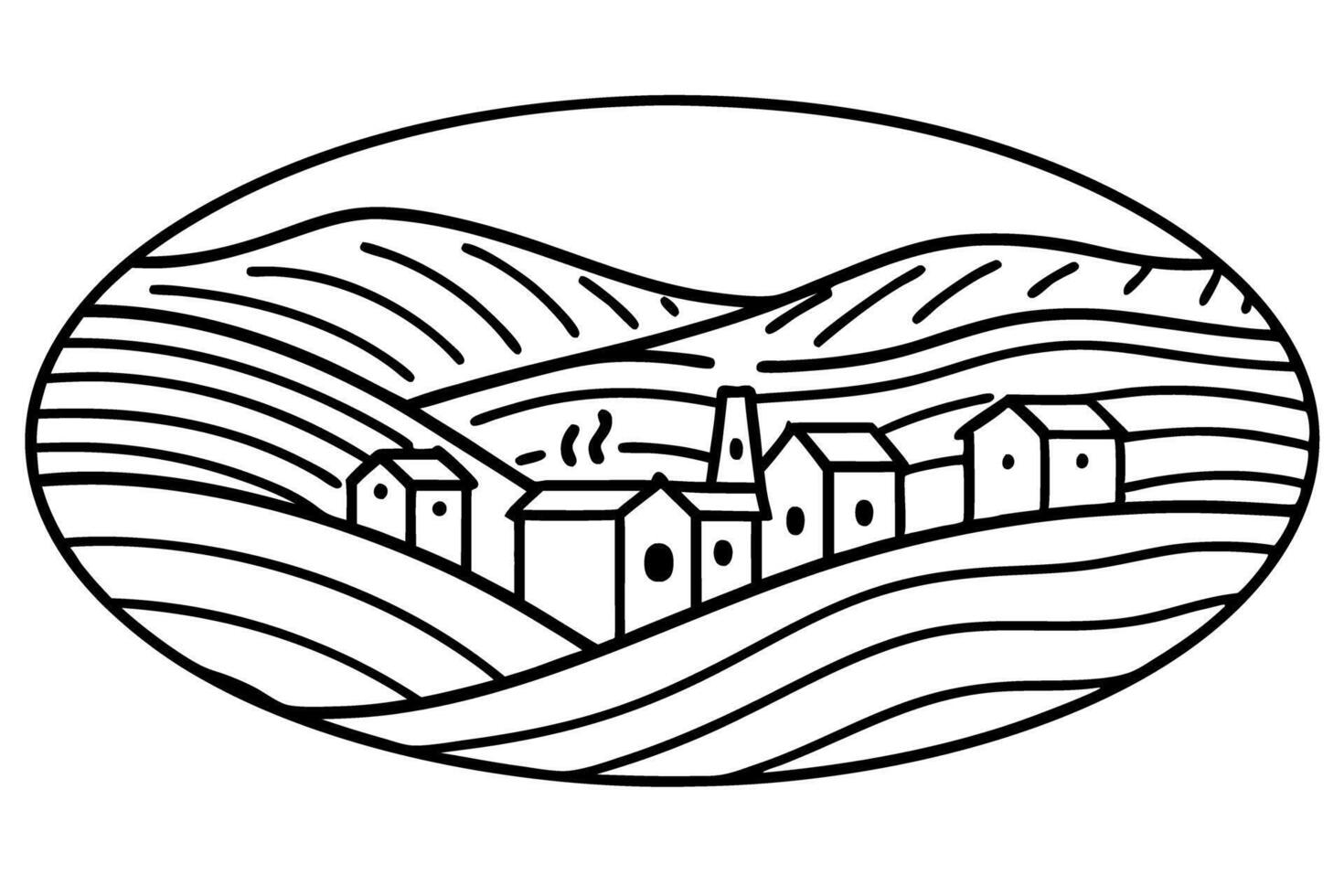 Minimalist landscape illustration with hills and village scene in black and white vector