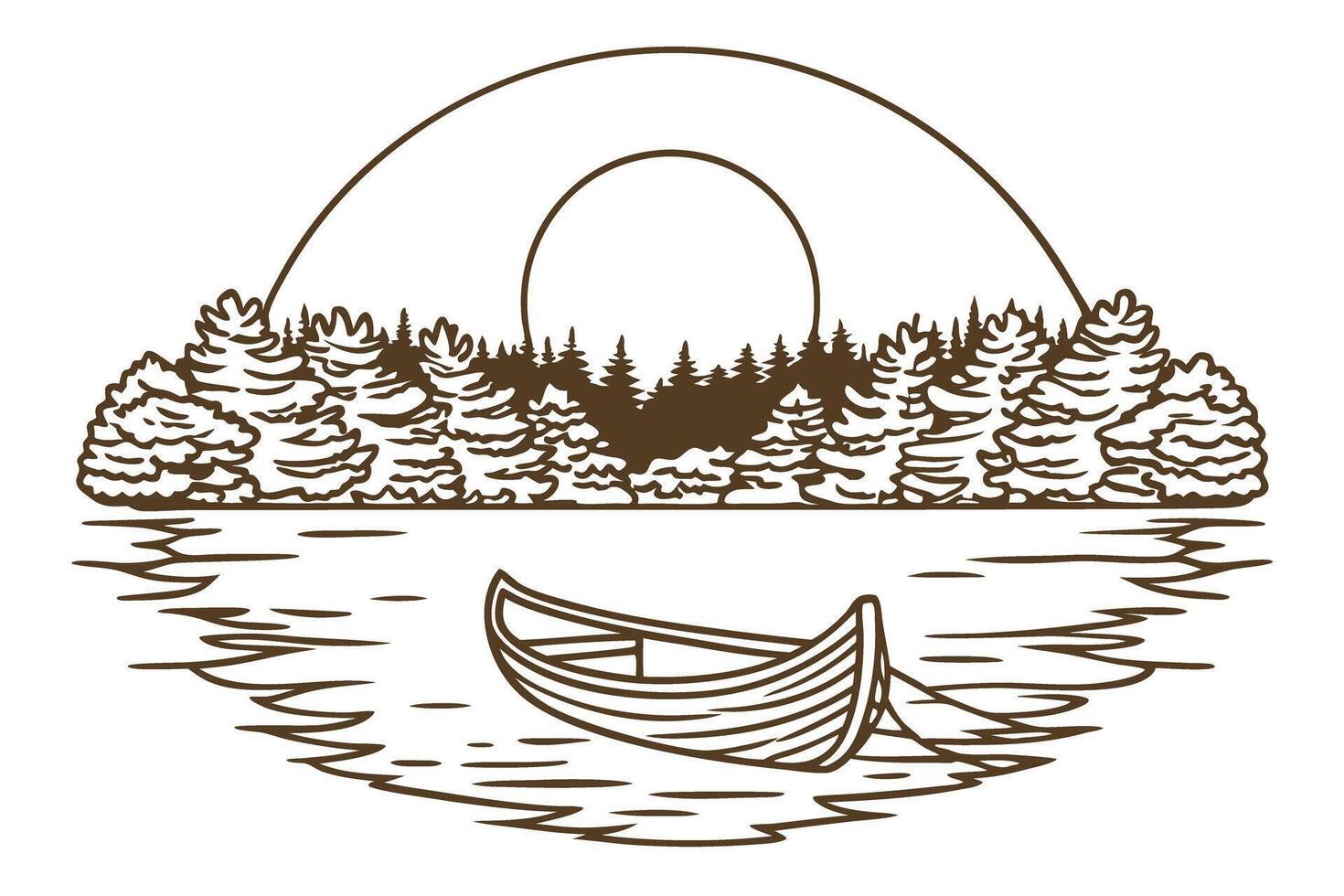 Tranquil lake scene with boat, forest, and setting sun nature's serene beauty, calm waters vector