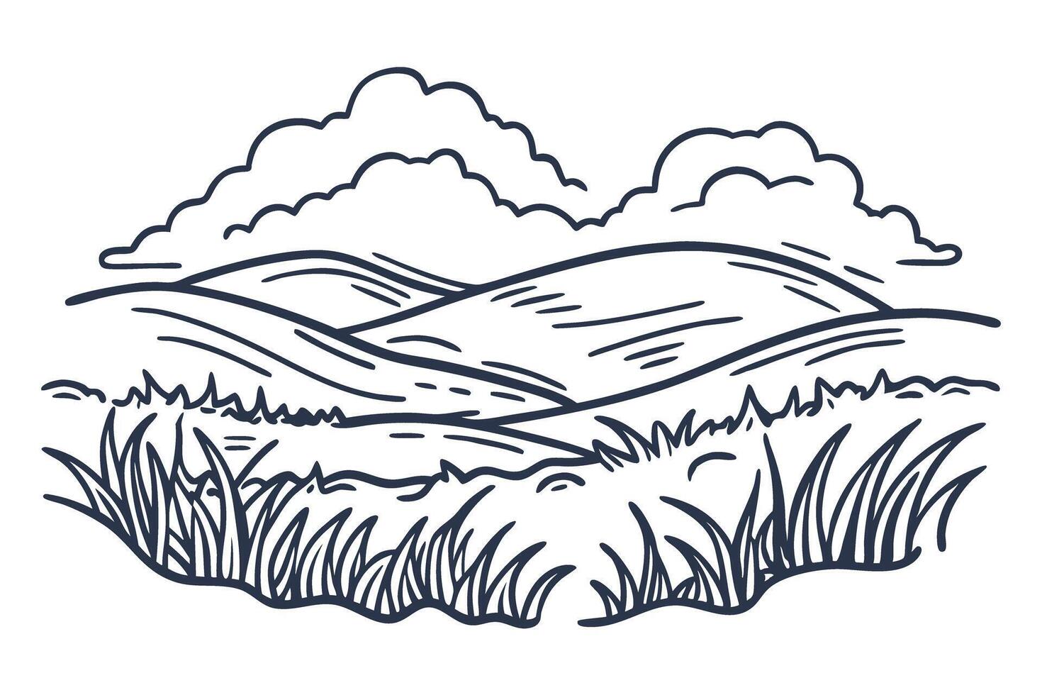 scenic landscape illustration rolling hills, cloudy sky, grass in tranquil nature setting vector