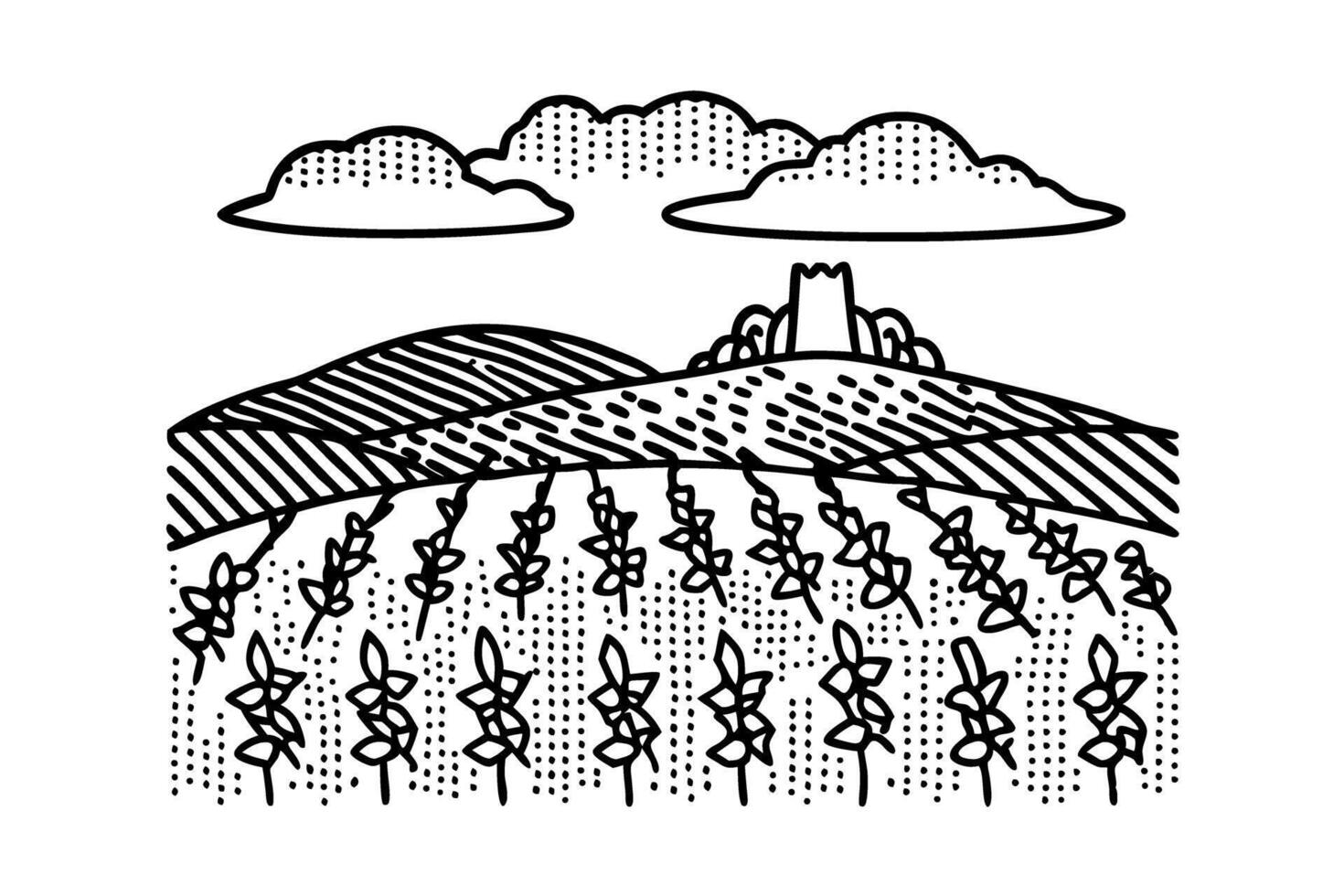 scenic countryside landscape with rolling hills and vintage castle under clouded sky, artistic illustration vector