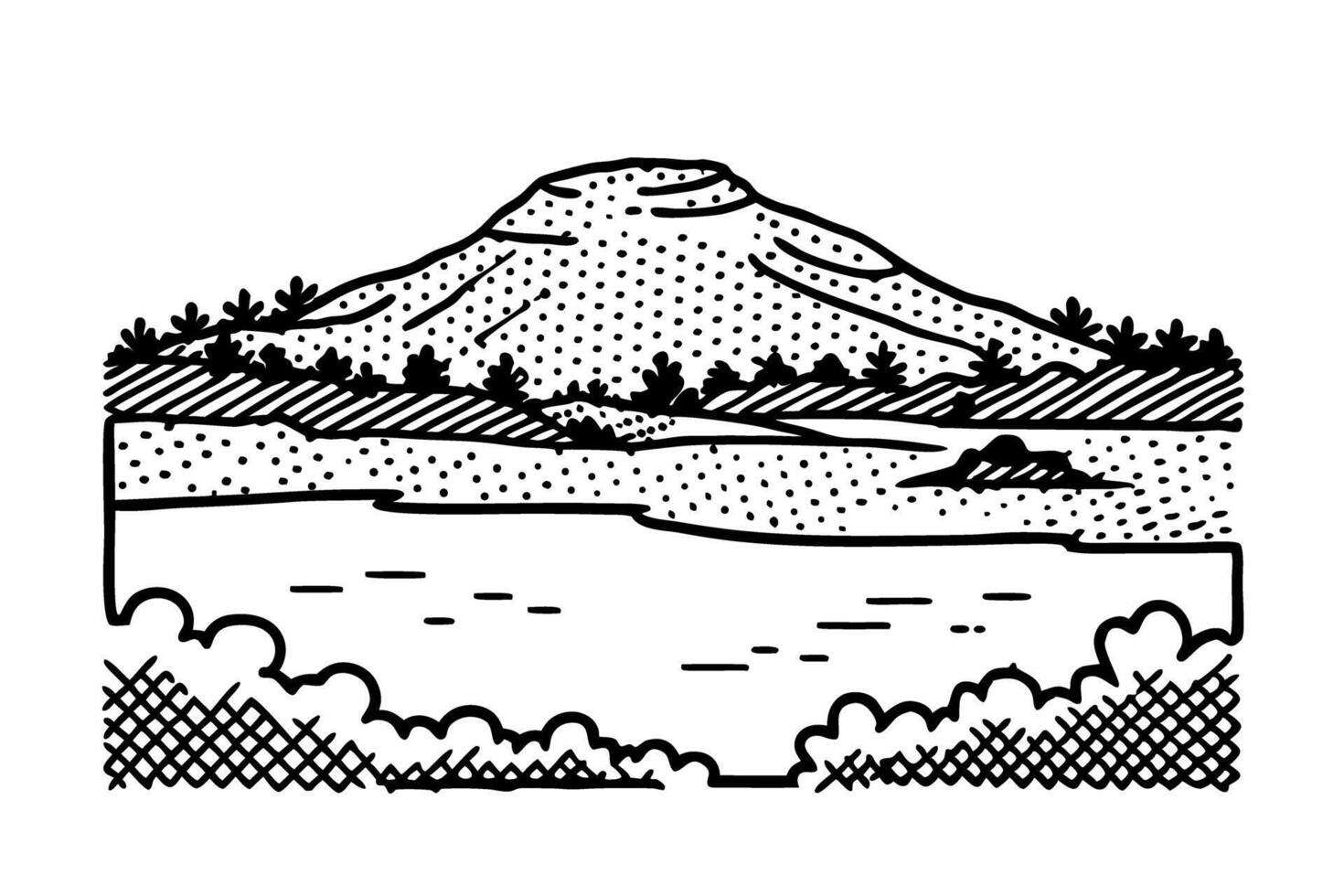 Mountain landscape illustration with lake and trees black and white line art vector