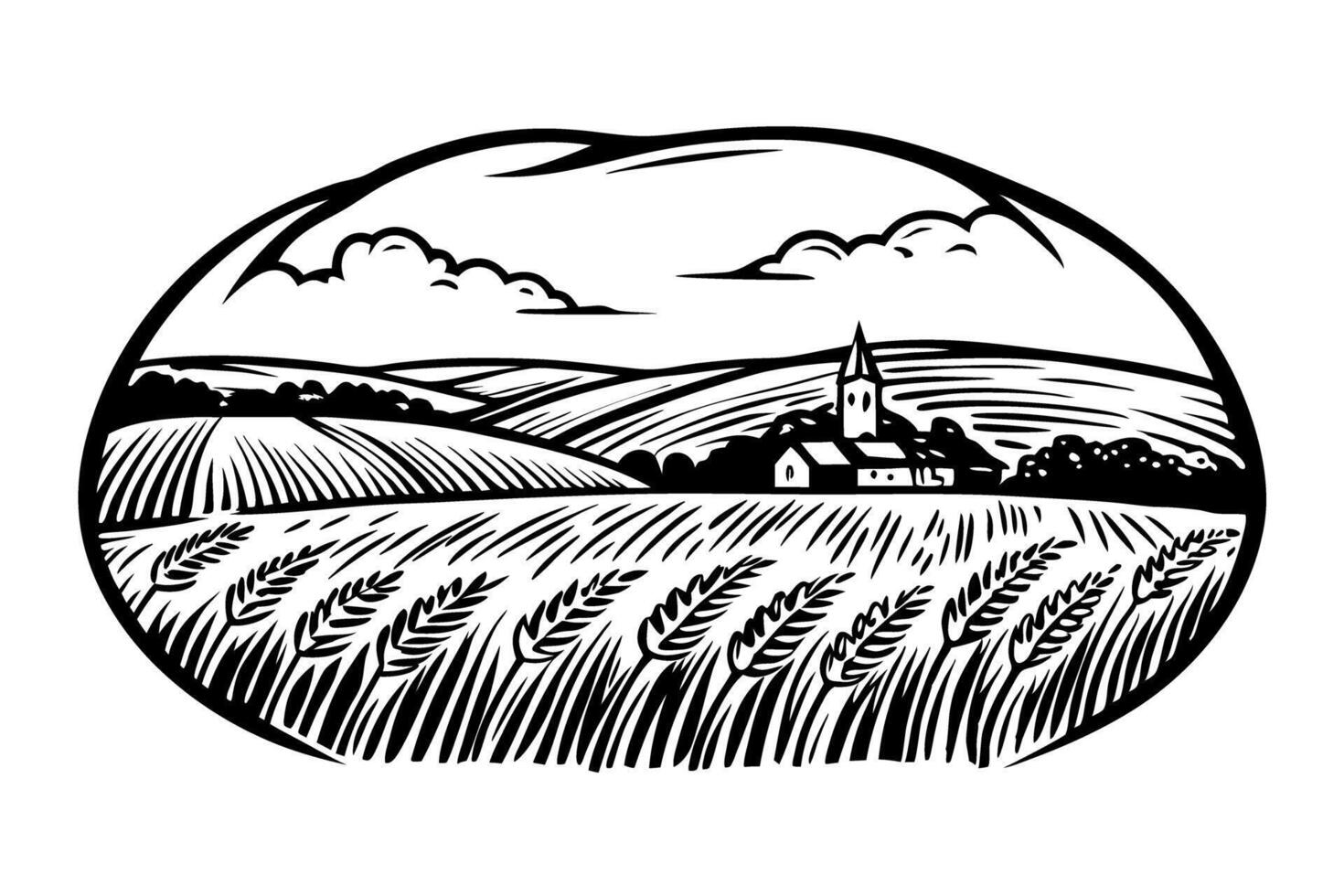 Rural landscape with wheat fields and church countryside scenery, black and white illustration vector
