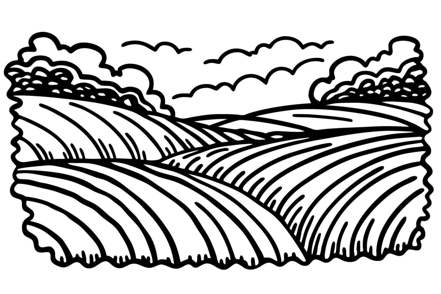 black and white illustration of rolling hills and clouds in a scenic countryside landscape vector
