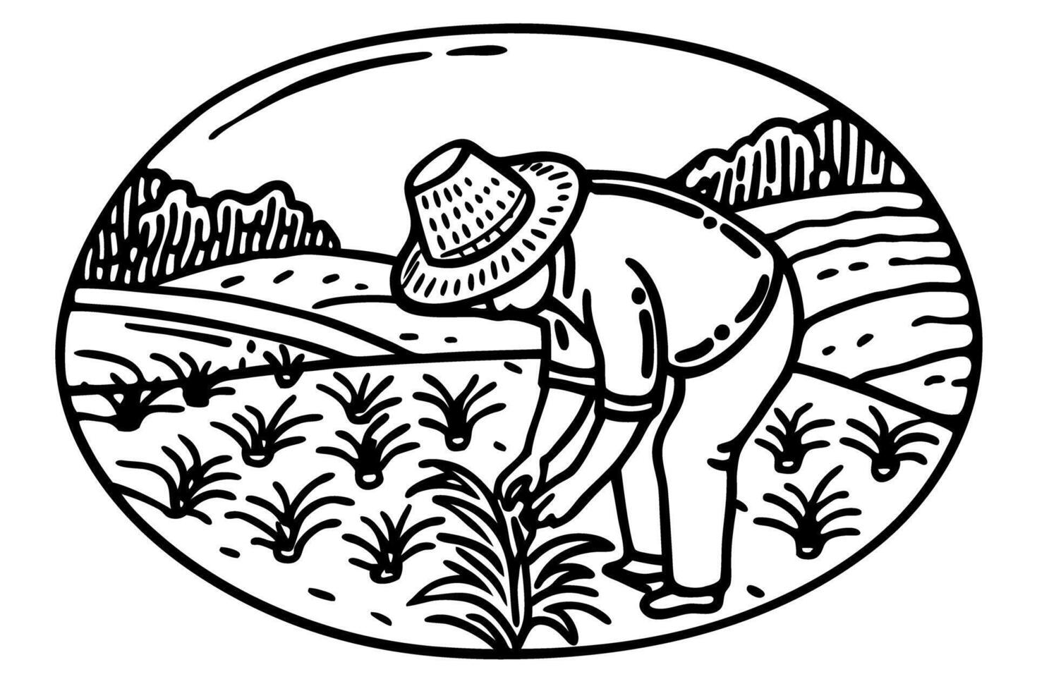 farmer in rural landscape tending crops illustrated agricultural scene, traditional fieldwork depiction vector