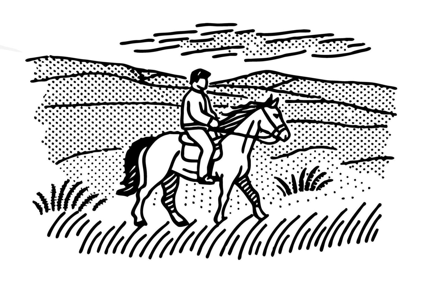rider on horseback traversing countryside scenic landscape journey, leisure outdoor activity vector