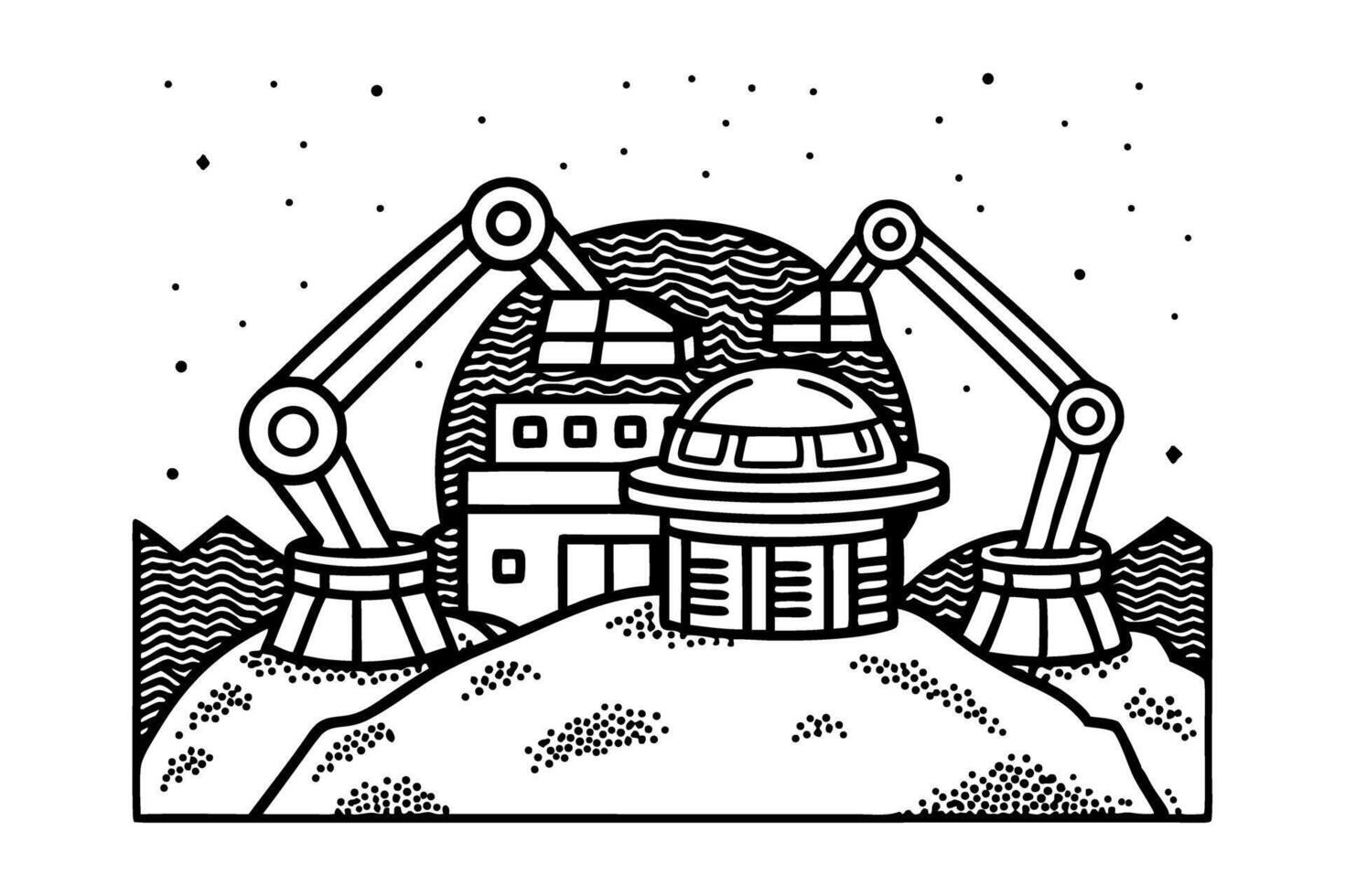 futuristic lunar base with robotic arms under starry night sky space exploration and scientific research vector