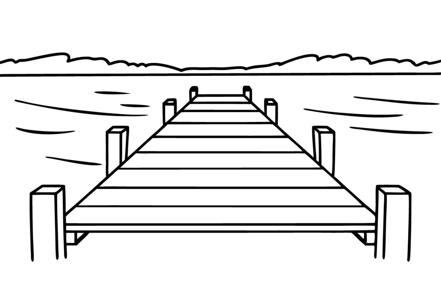 Wooden pier stretches into calm lake, serene landscape with horizon view vector