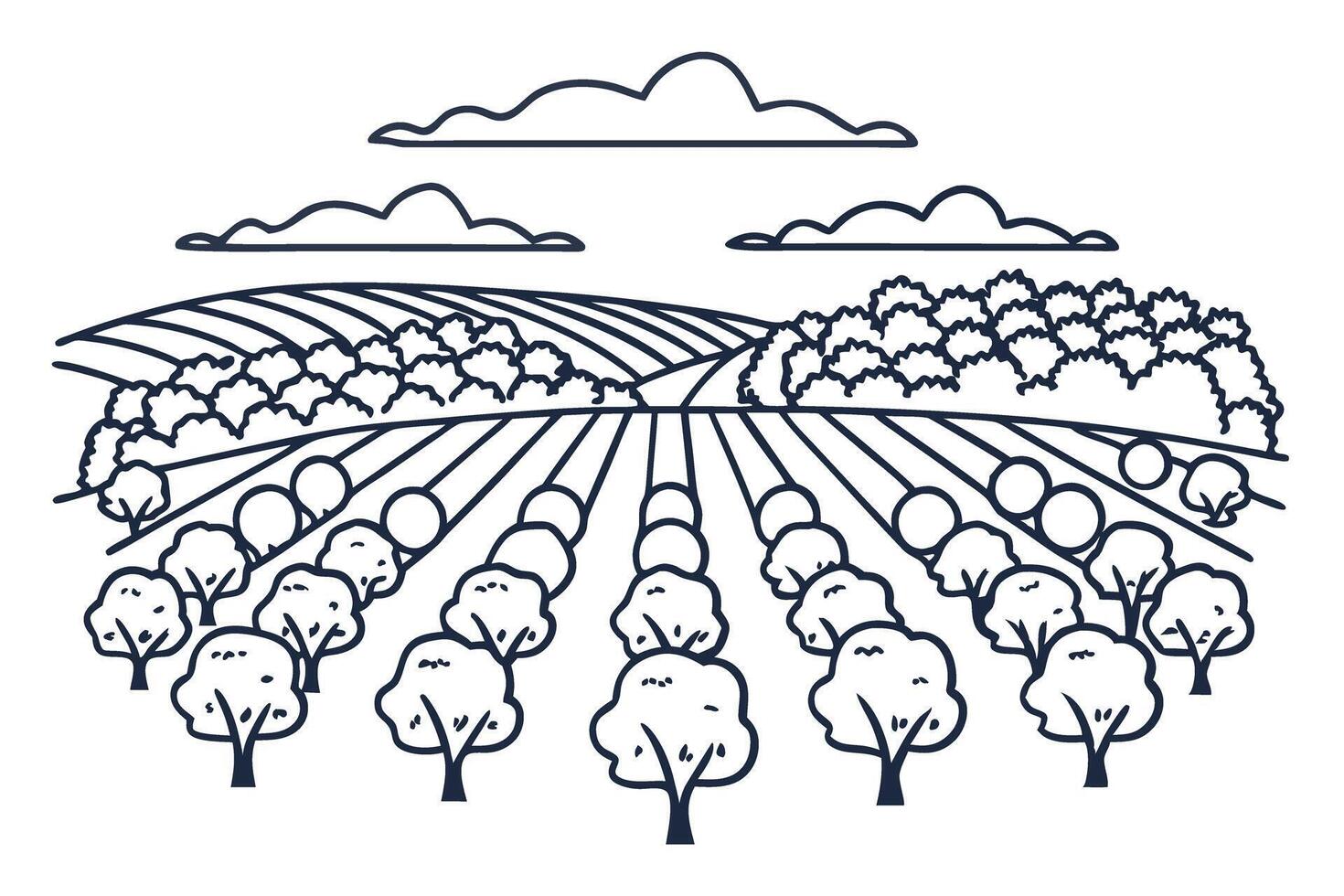Scenic landscape with rows of trees and clouds in idyllic countryside setting vector