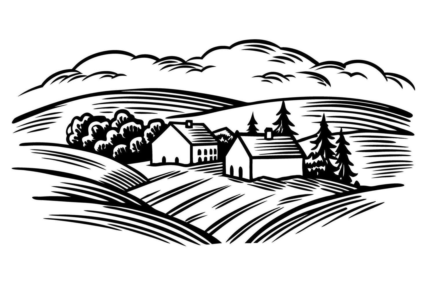 Rural landscape illustration with farmhouses and rolling hills in black and white vector