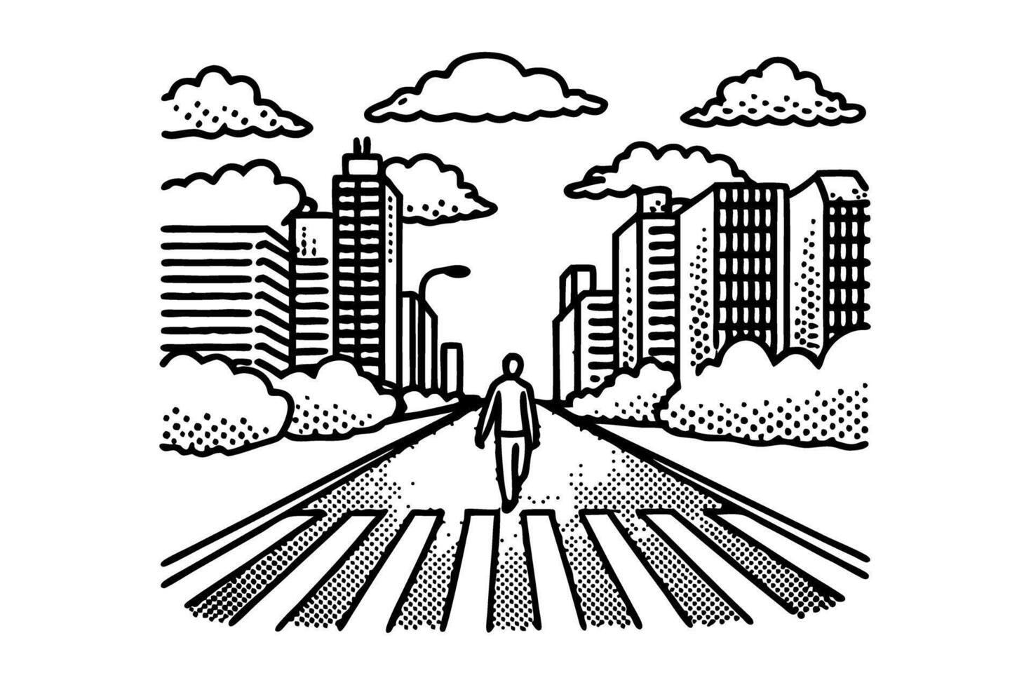 Lone figure walking on urban street, surrounded by city skyline and clouds vector
