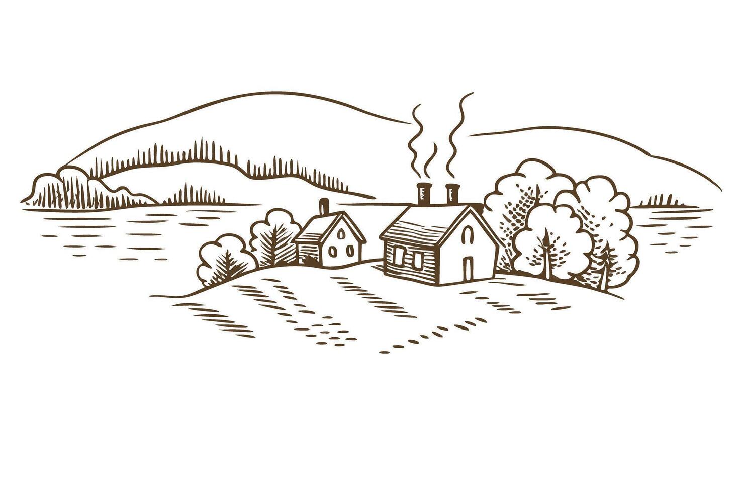 rural landscape sketch with rustic houses and trees on rolling hills by a serene river vector
