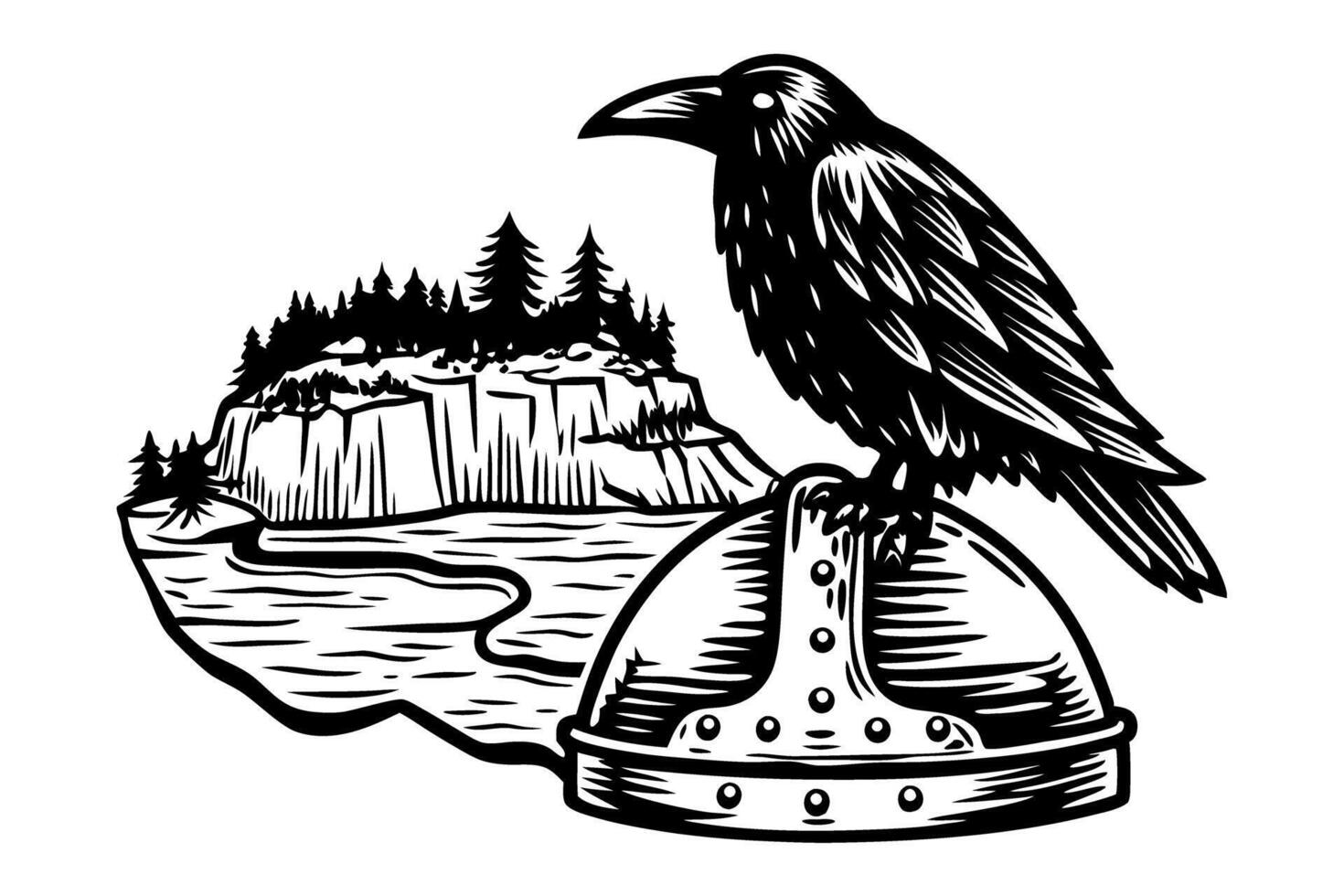 Raven perched on viking helmet with rugged coastal landscape, black and white art illustration vector
