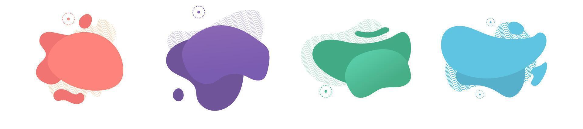 Four abstract shapes in coral, purple, green, and blue. Each features wavy lines and small circles. Minimalist, modern design elements. vector