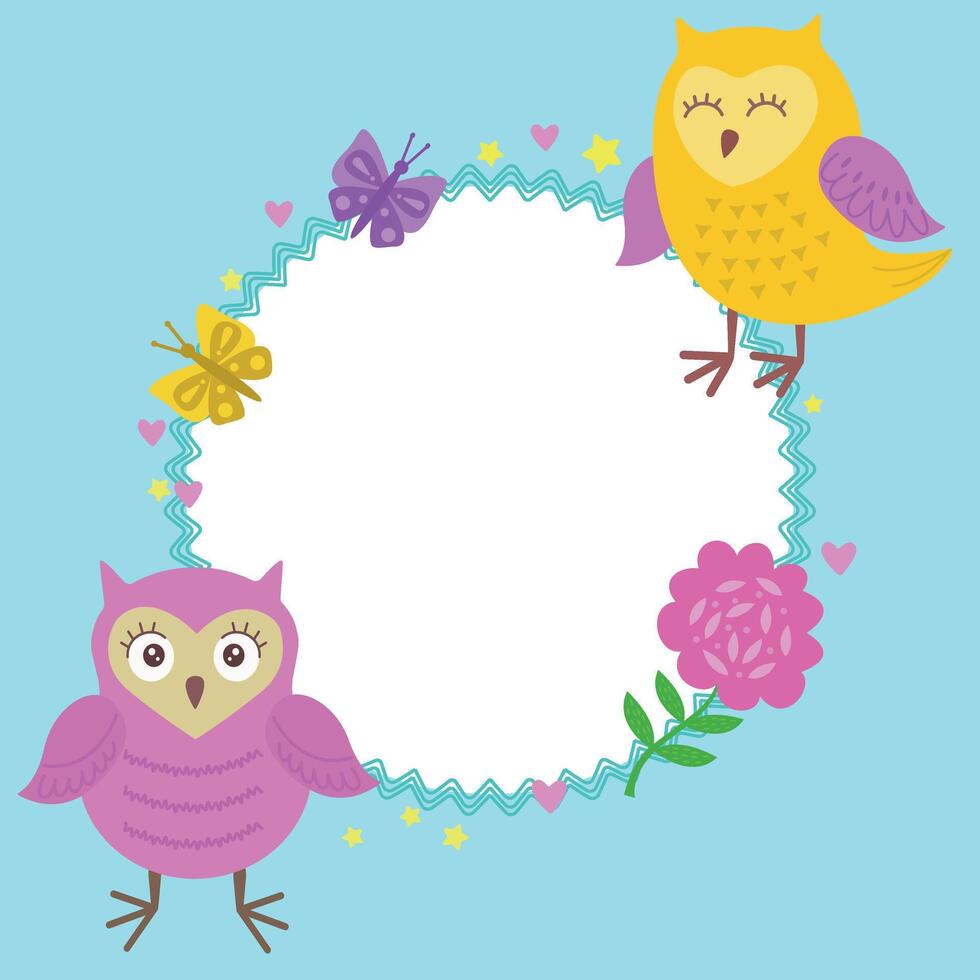A frame with cute owls, butterflies and flowers. Cute postcard, hand-drawn frame with cartoon owls, butterflies and flowers vector