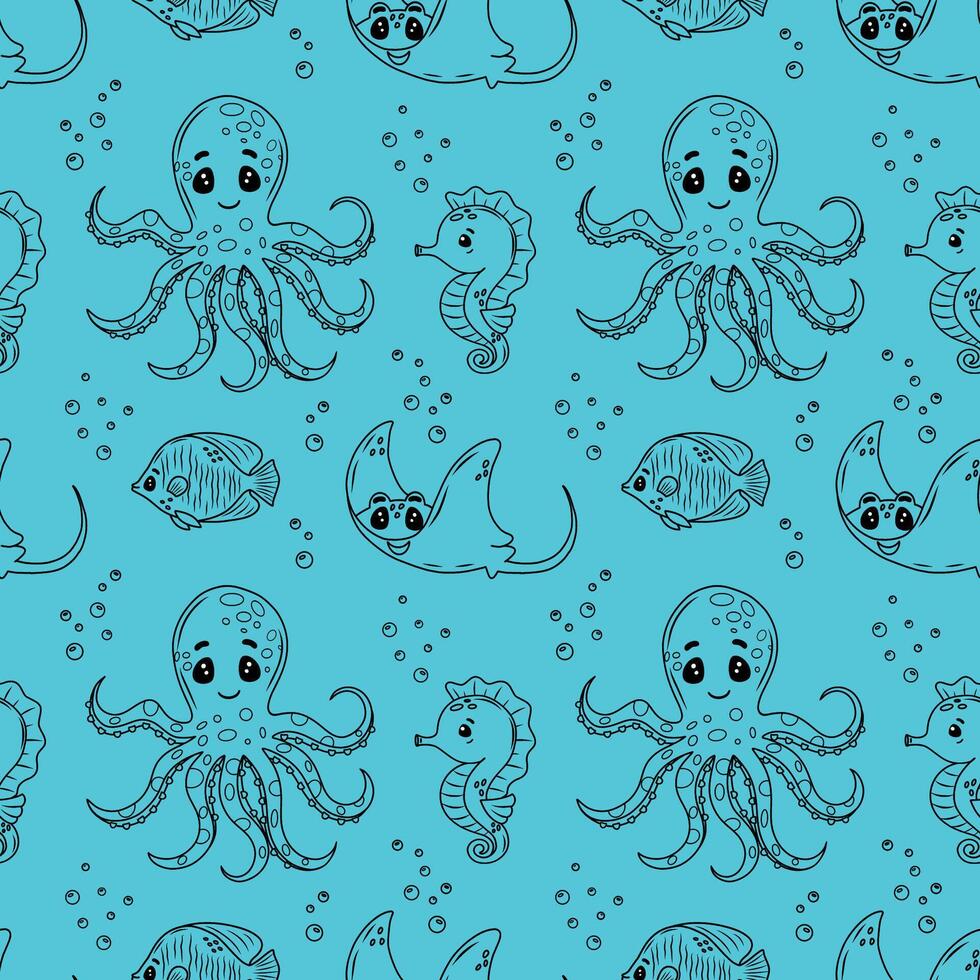 Cute children's marine drawing with fish, starfish, octopus, jellyfish and shells on a blue background. Drawing for printing, children's textiles and wrapping paper vector