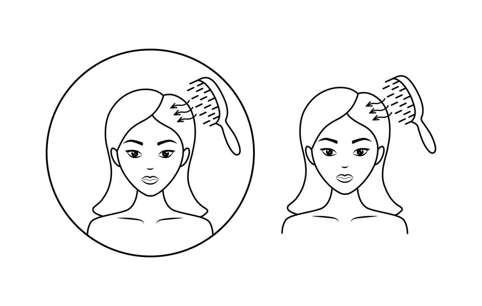 icon of a beautiful girl who combs her hair. She's worried about problems with her hair. The woman has baldness, split ends. The concept of hair loss.Flat linear illustration vector