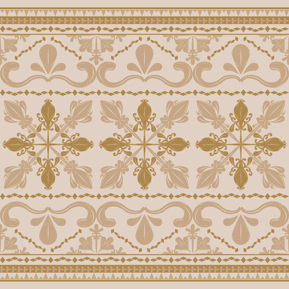 Ancient Elegance Border With Fleur de lis Scroll Design in Gold on Medium Beige Background. Luxury Greek Pattern Inspired from Nature Light Sepia Style for Opulence Decoration Silk Weaves Embroidery vector