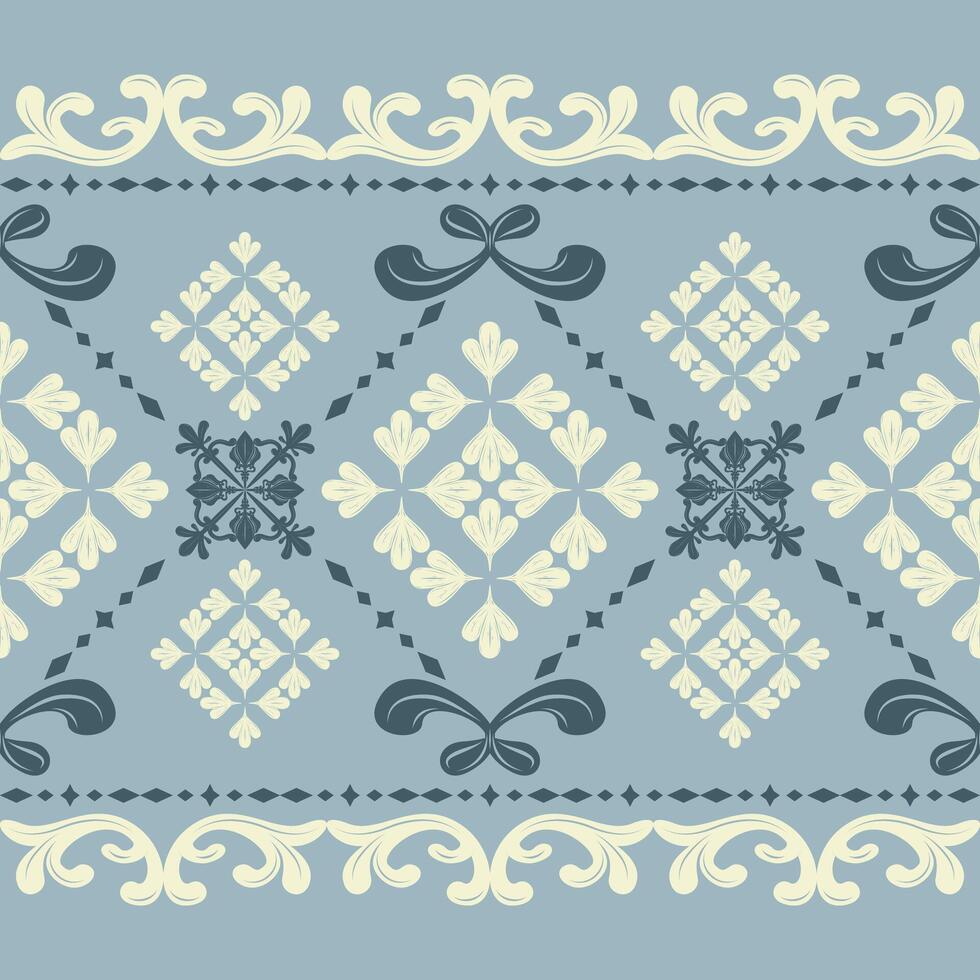 Fabulous Geometric Ornate Scroll Victorian Floral Border Pattern Dark Blue and Cream On Light Denim Background Elaborate Classy Detailed Elegance Design for Silk Embroidery Handicraft Stripe Whitework vector