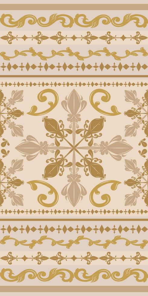Beautiful Scroll Ornament Rich Border Design With Elegance Detailed Florals Pattern. Royal Gold Silk Embroidery Hand Drawn Needlecraft Medieval Renaissance Style for Wealth Decoration Silk Fabric Lace vector