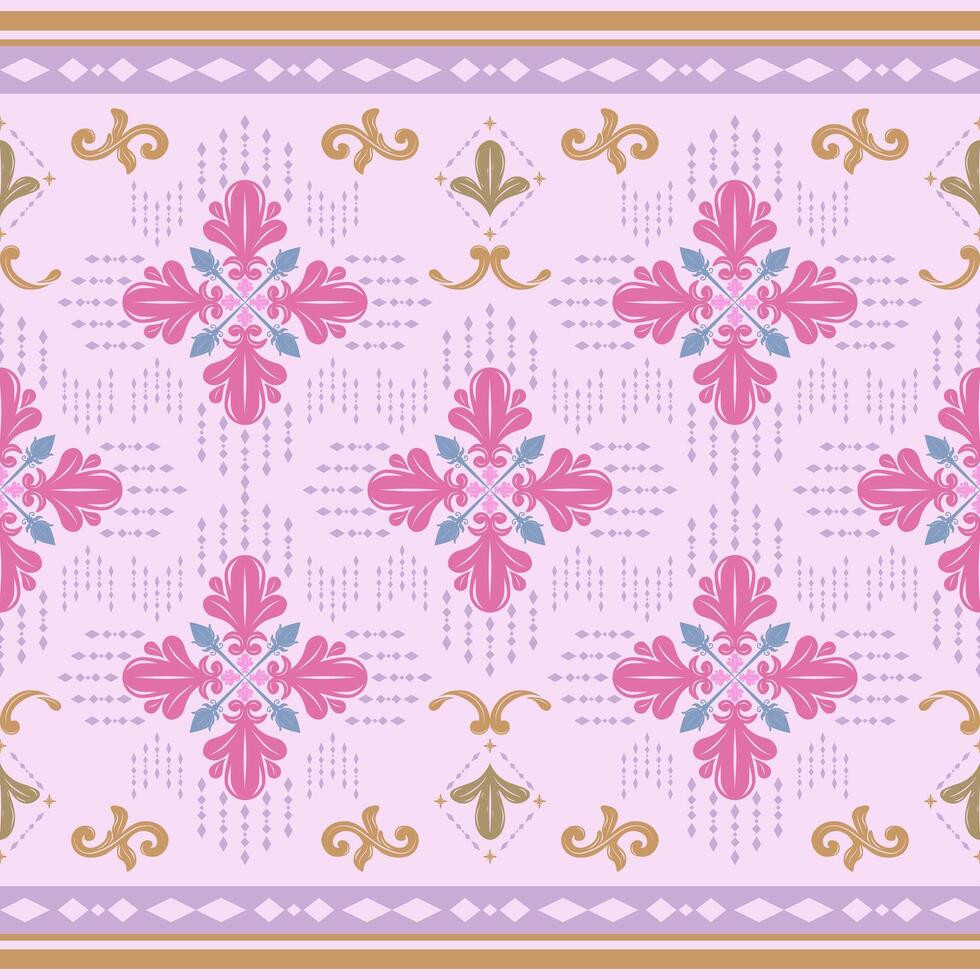 Elegance Unity Victorian Silk Weaves Seamless Repeat Classy Border Pattern Design for Colorful Exquisitely Embroidery Pink Gold Blue on Light Violet Background. Fleur de lis Detailed Florals Stripe vector