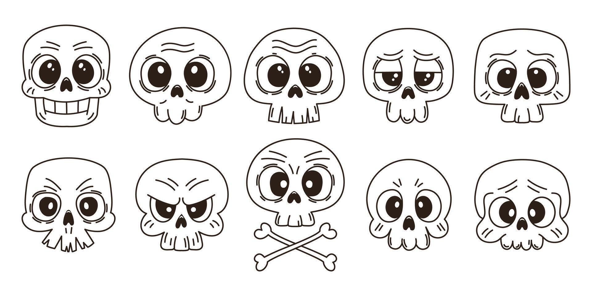 conjunto de gracioso dibujos animados calaveras con diferente emociones, en blanco antecedentes vector
