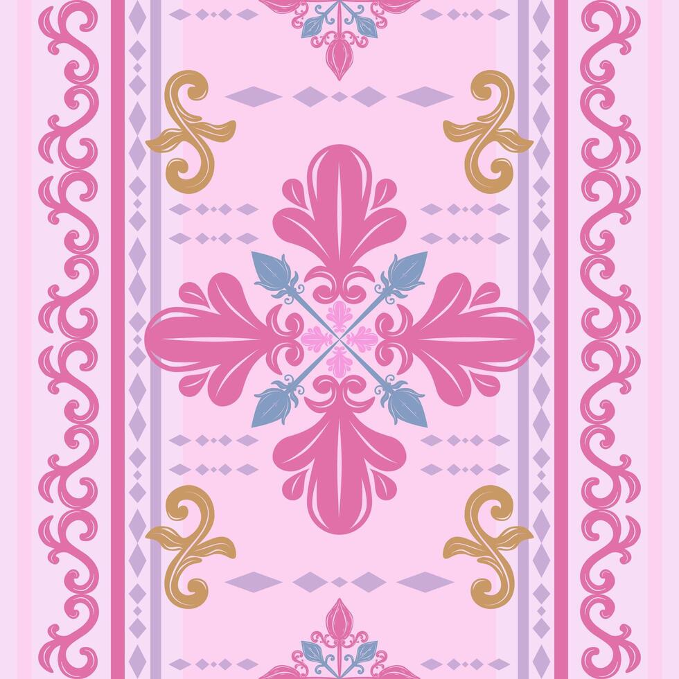 Pink Luxury Vintage With Blue Gold Scroll Ornament Seamless Elaborate Pattern. High Fashion of Classy Timeless Curly Geometric Elegance Rococo Design for Expensive Rich Work Wallpaper Border Silk Draw vector