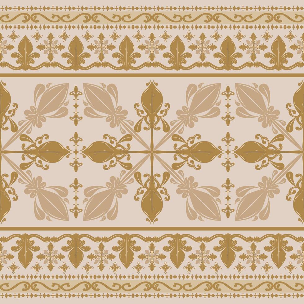 Traditional Baroque Ornament in Golden Silk Weaves Embroidery on Light Brown Background Pattern. Ancient Motif Elegance Border for Wealth Luxury Detailed Decorative Interior Wallpaper Luxor Greek Rug vector